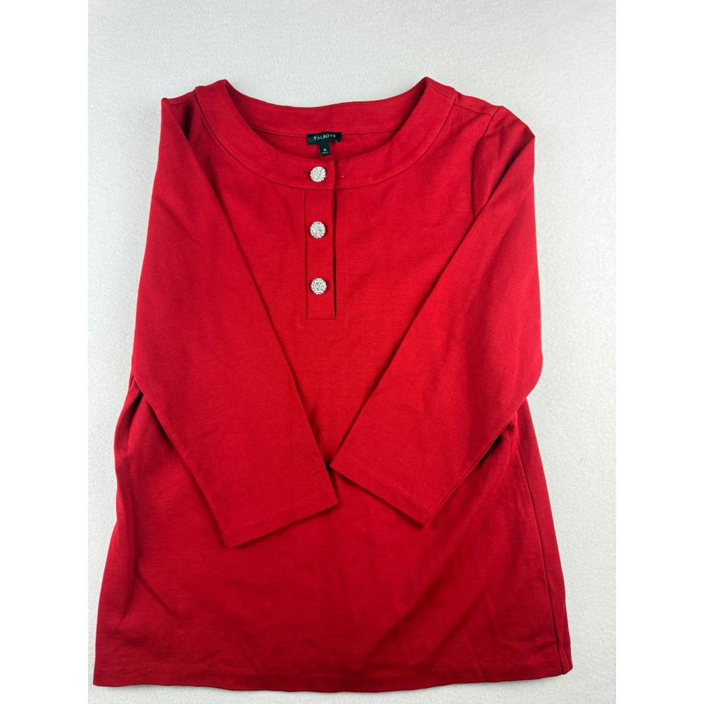 Talbots Womens Red 3/4 Sleeve Knit Top Rhinestone Button Boat Neck Size M